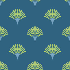 Hand drawn green scalloped leaves seamless pattern. Semi-circular fan shapes abstract flowers in a marine style on dark blue background. Ideal for textiles, wallpapers, and interior decor