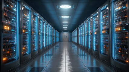 Fototapeta premium High tech server room with glowing equipment and cables