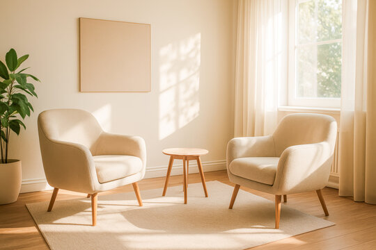 Warm and inviting therapy room filled with natural light, featuring two comfortable armchairs, a minimalist wooden table, soft neutral tones, and a peaceful atmosphere ideal for conversation