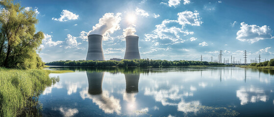 Beautiful reflection of a nuclear power plant on a sunny day by the riverside with blue skies and fluffy clouds