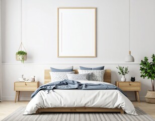 Bright bedroom interior with wooden bed frame hanging plant and blank frame