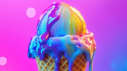 Melting neon ice cream in crispy waffle cone, futuristic food design, pop art color palette, vibrant dessert concept.