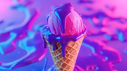 Melting neon ice cream in crispy waffle cone, futuristic food design, pop art color palette, vibrant dessert concept.