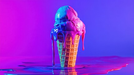 Melting neon ice cream in crispy waffle cone, futuristic food design, pop art color palette, vibrant dessert concept.