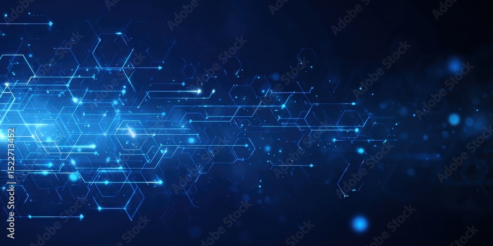 Poster a luminous blue network with hexagonal nodes and connecting lines against a dark blue background