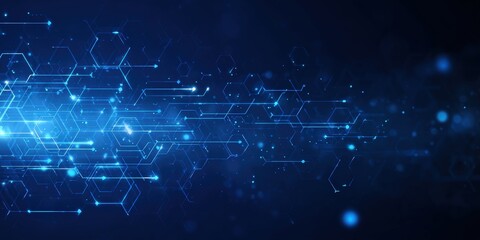Naklejka premium A luminous blue network with hexagonal nodes and connecting lines against a dark blue background