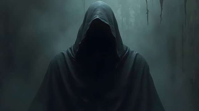Dark hooded figure in shadow. Mysterious, ominous concept. Use for horror, mystery, suspense themes.