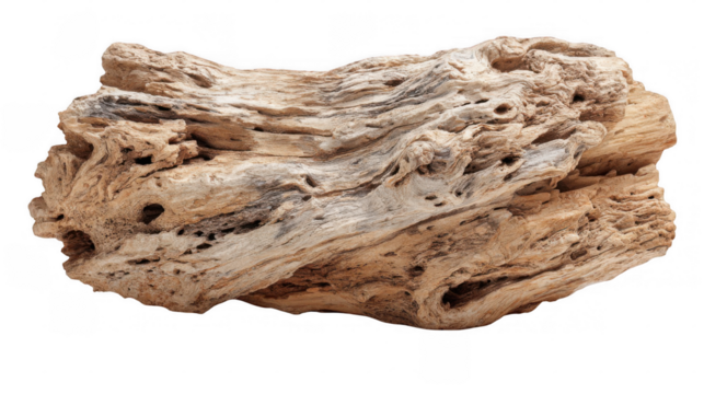 Driftwood with intricate textures and warm tones is isolated on a transparent background, highlighting the beauty of natural weathering processes
