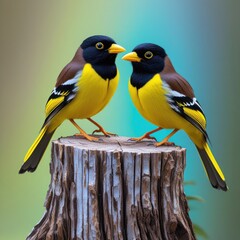 Fototapeta premium Two vibrant yellow and black birds perched on a tree stump