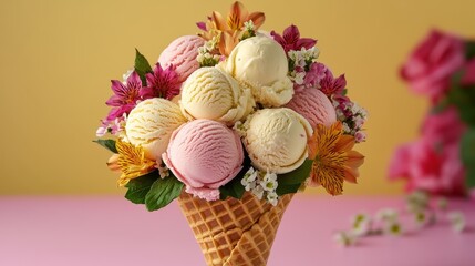 Waffle cone bouquet filled with mini ice cream scoops and edible flowers, romantic gourmet dessert presentation.