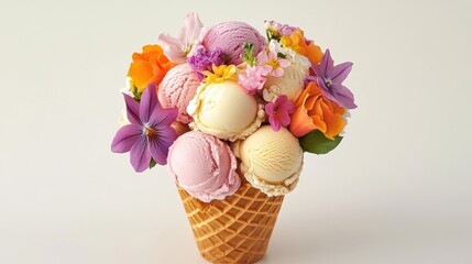 Waffle cone bouquet filled with mini ice cream scoops and edible flowers, romantic gourmet dessert presentation.