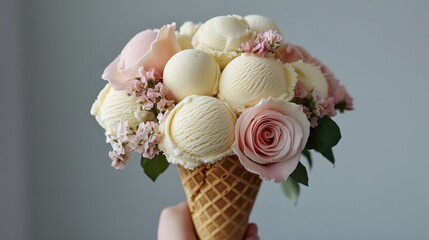 Waffle cone bouquet filled with mini ice cream scoops and edible flowers, romantic gourmet dessert presentation.