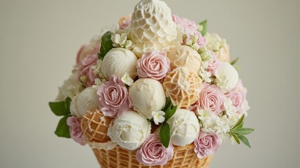 Waffle cone bouquet filled with mini ice cream scoops and edible flowers, romantic gourmet dessert presentation.