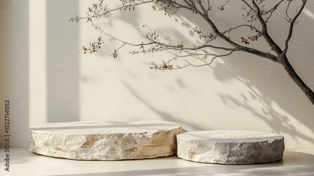 Poster stone podiums displayed in a minimalistic setting with natural light highlighting textures and shape