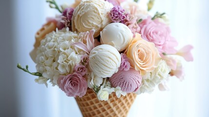 Waffle cone bouquet filled with mini ice cream scoops and edible flowers, romantic gourmet dessert presentation.