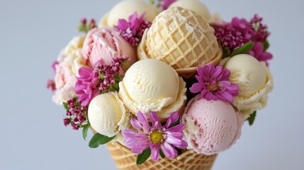 Waffle cone bouquet filled with mini ice cream scoops and edible flowers, romantic gourmet dessert presentation.