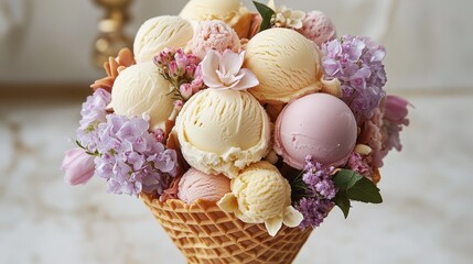 Waffle cone bouquet filled with mini ice cream scoops and edible flowers, romantic gourmet dessert presentation.