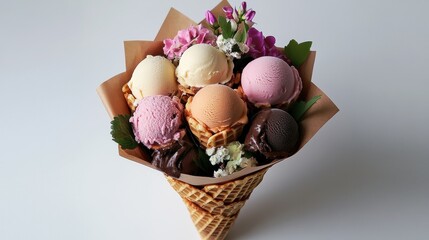 Waffle cone bouquet filled with mini ice cream scoops and edible flowers, romantic gourmet dessert presentation.