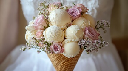 Waffle cone bouquet filled with mini ice cream scoops and edible flowers, romantic gourmet dessert presentation.