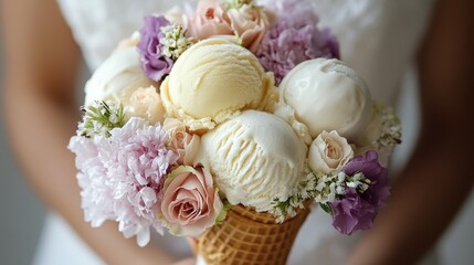 Waffle cone bouquet filled with mini ice cream scoops and edible flowers, romantic gourmet dessert presentation.