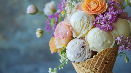 Waffle cone bouquet filled with mini ice cream scoops and edible flowers, romantic gourmet dessert presentation.