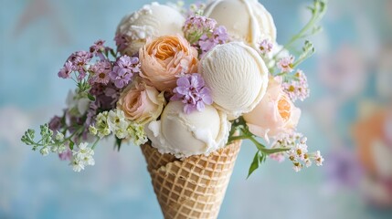 Waffle cone bouquet filled with mini ice cream scoops and edible flowers, romantic gourmet dessert presentation.