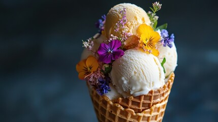 Waffle cone bouquet filled with mini ice cream scoops and edible flowers, romantic gourmet dessert presentation.