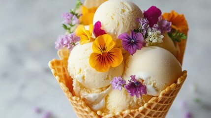 Waffle cone bouquet filled with mini ice cream scoops and edible flowers, romantic gourmet dessert presentation.