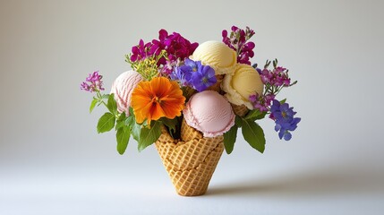 Waffle cone bouquet filled with mini ice cream scoops and edible flowers, romantic gourmet dessert presentation.
