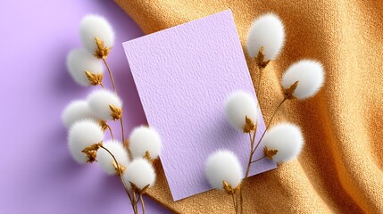Elegant Purple Invitation Card Mockup with Gold Foil and Cotton Flowers