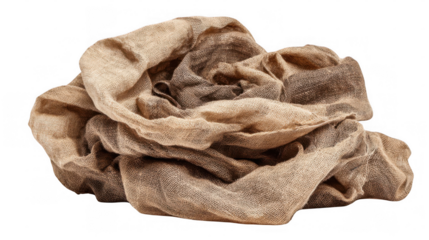 Crumpled linen cloth in earthy tones creates a textured, natural backdrop, perfect for adding a touch of rustic charm to designs, with transparent background for easy integration into projects