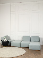 Discover a Modern Minimalist Living Room that features beautifully Soft Furnishings