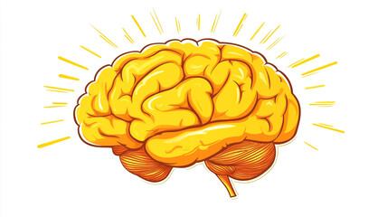 a yellow brain with rays isolated on white background