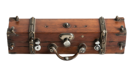Antique wooden clarinet with silver keys Transparent background, PNG file