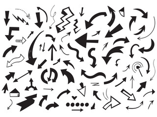 Abstract Arrows, Brush Stroke Direction Symbols, Grunge Sketch Arrows, Scribble Pointer, Hand Drawn Vector