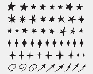 Hand Drawn Doodle Elements, Abstract Plants, Sun, Rainbow, Arrows, Trees, Hearts, Leaves, Clouds, Shapes

