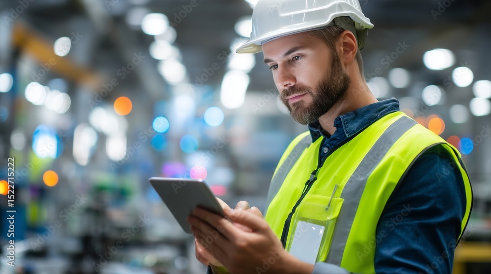 Poster construction worker using tablet in a busy warehouse during day shift for project management and coo