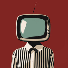 Pop Art AI Portrait of a Woman with Vintage Television Head and Striped Shirt on Red Background – Comic Style Concept of Media Identity