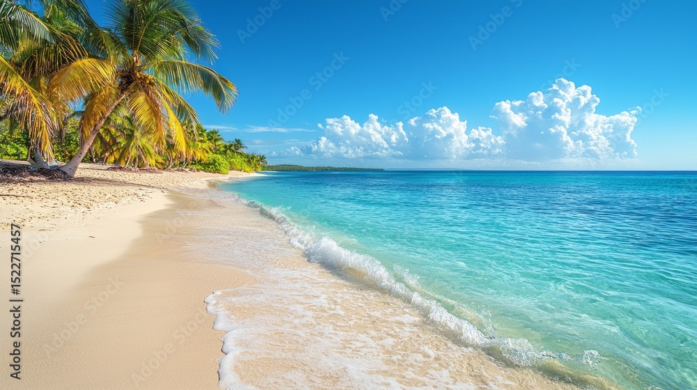 Aufkleber sunny tropical caribbean beach with palms swaying in the gentle breeze and turquoise waters lapping 