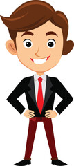Confident cartoon boy in business attire standing with hands on hips