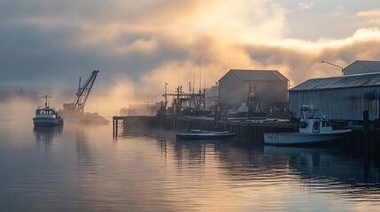 Obraz premium Boats Moored at Dock with Foggy Sunrise, Calm Water