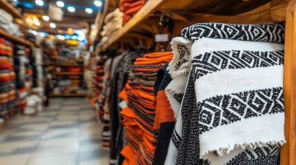 Obraz premium Textiles and Blankets on Display: A Shopping Journey through a Vibrant Market