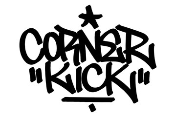 Graffiti tag “Corner Kick” in bold black vector style. Energetic urban street art capturing the excitement and strategy of a soccer corner kick, ideal for sports themes, youth culture, and design.