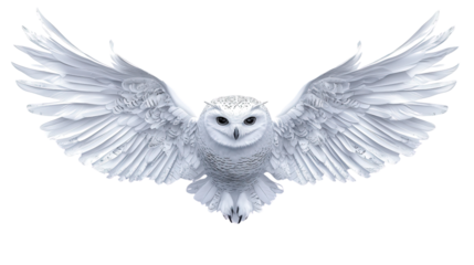 Beautiful snowy owl with spread wings Transparent background, PNG file
