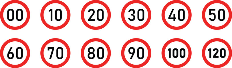 Speed Limit Sign Set Vector Icon with Red Circle and Black Numbers for Traffic and Road Safety Design