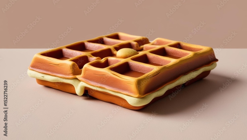 Poster claymation, waffle with syrup dripping, showcasing a close-up view of its texture and color.