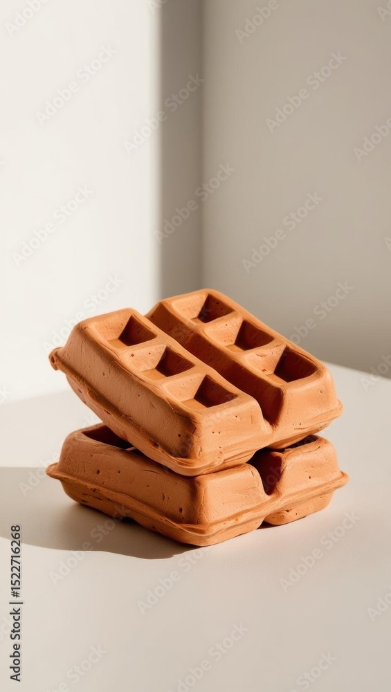 Poster claymation, two stacked waffles on a minimalist surface with soft lighting highlighting their textur