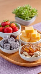 National Day Treats:  A Wooden Tray with Bowls of Strawberries, Cheese, Honeycomb, Nuts, and Purple Jellies