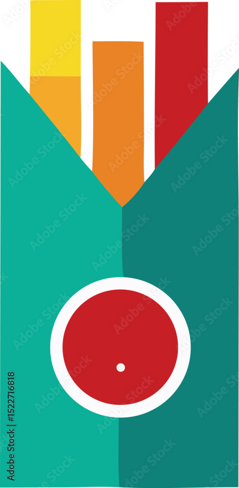 Poster abstract geometric design featuring teal envelope with colorful vertical bars and central red circle