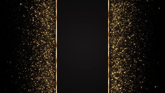 Gold glitter elements Elegant frame Black Background sparkles and glitter particles Accents. Merry Christmas and Happy New Year Festive Luxury premium design gold dust rectangle for holiday decoration